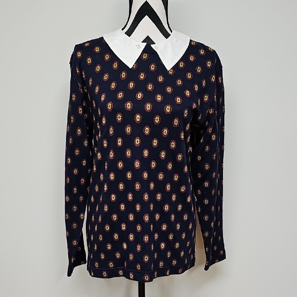 Vtg Adrienne Vittadini Jaquard Knit Top With Detachable Collar Navy Red Yellow